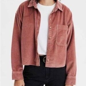American Eagle Outfitters Cropped Corduroy Button-Up Corded Shirt Mauve XS